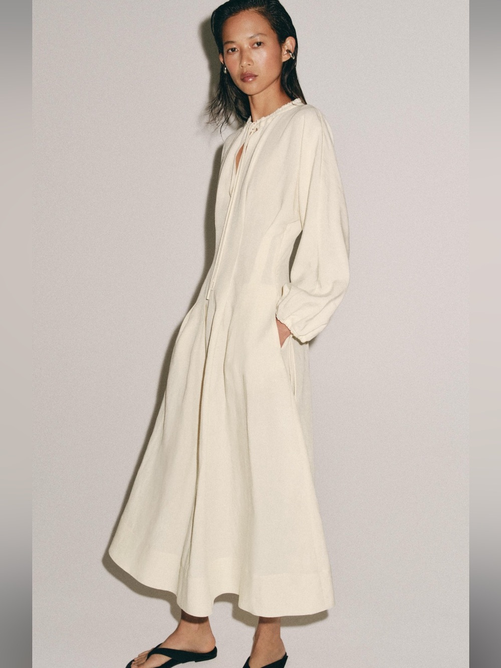 Zara Cream Long Sleeve Maxi Dress with Tie Neck
